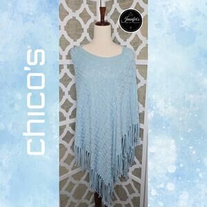 Chico's Light Blue Colleen Cable Knit Asymmetrical Fringe Poncho One Size
